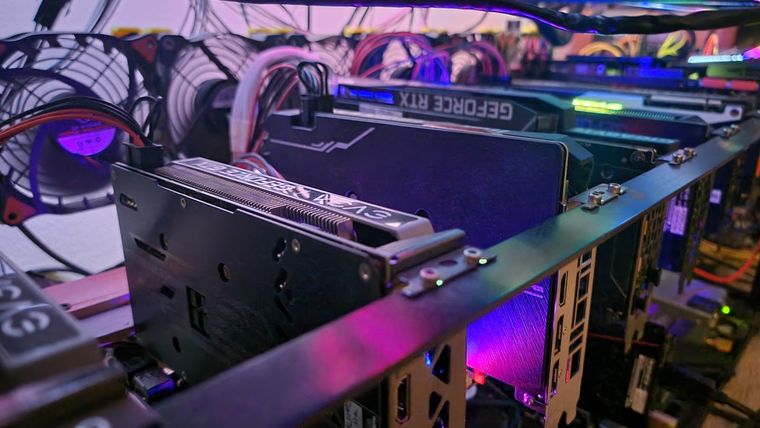 Graphics card mounted on an open-air mining frame